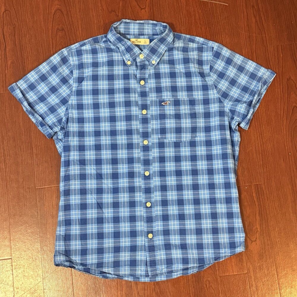Hollister Kids Button Up Short Sleeve Shirt Size L Blue White Plaid Casual